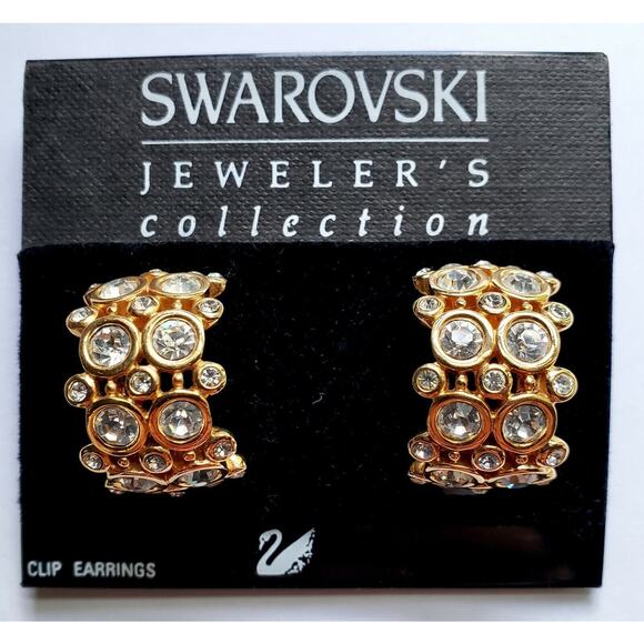 Swarovski Crystal Half Hoop Earrings Clip On Swan Signed Gold Tone Pave Jewelry - Picture 1 of 8